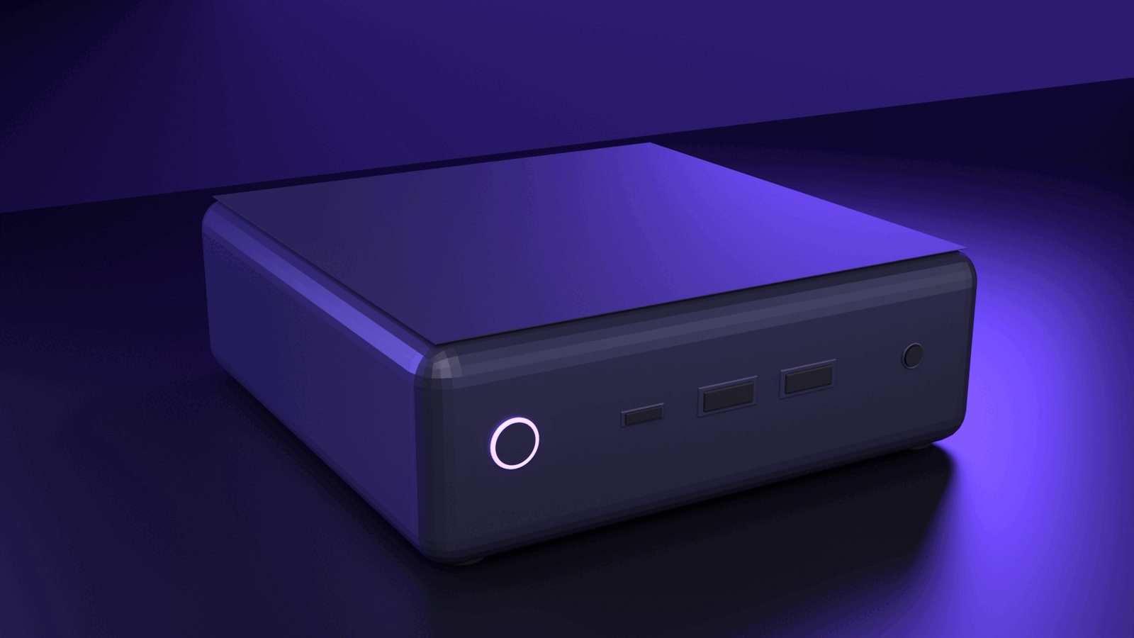 Angled studio render of the DecentAI device on a dark backdrop with purple rim lighting.