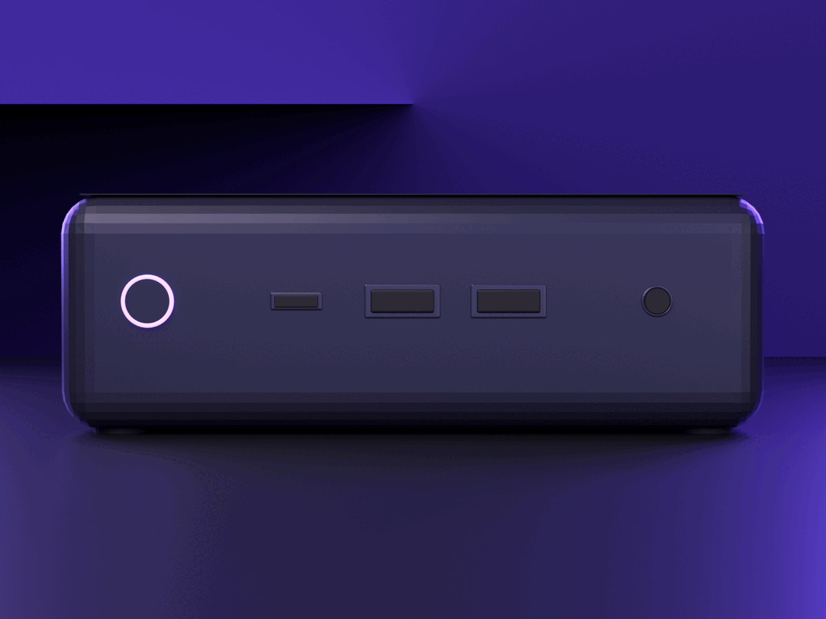Front-panel studio render of the DecentAI device showing its port layout.