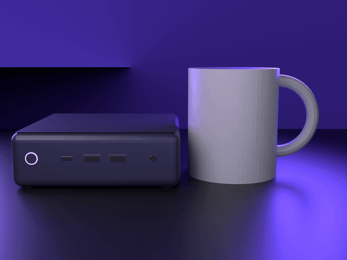 Studio render of the DecentAI device beside a coffee mug for scale.